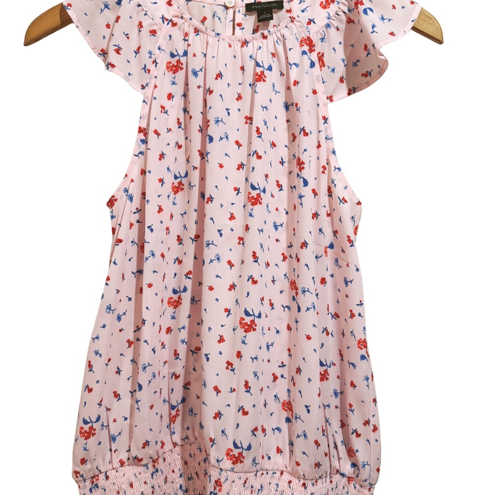 Ann Taylor Pink Floral Sleeveless Blouse with Red & Blue Accents